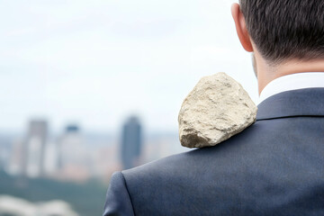 Carrying the burden of pressure and expectations from people around concept. A rock placed on the shoulder of a businessman.