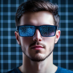 Data and information in the online system concept. User access and search of online information. Man wearing glasses with binary code.