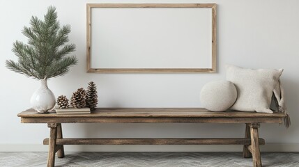 Christmas Scandi interior decor. Vertical white picture frame mockup. Vintage wooden bench, table. Modern vase with pine tree branches. Paper christmas balls on old books. White wall background.