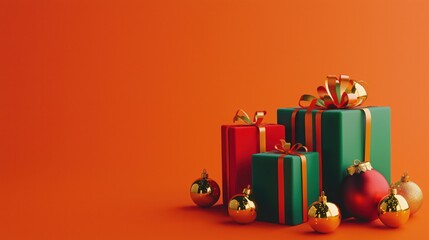 Festive Christmas gift boxes in vibrant colors with shiny ornaments against a warm orange background for holiday celebrations