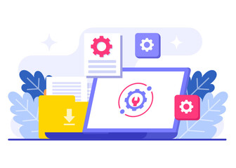 Wall Mural - system maintenance flat vector illustration, error, fixing trouble, device updating, software system