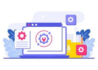 Wall Mural - system maintenance flat vector illustration, error, fixing trouble, device updating, software system
