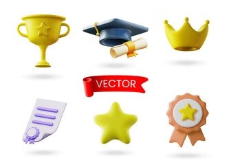 Set of 3d vector award icons. Crown, medal, prize, graduation cap, certificate, diploma, star, ribbon.