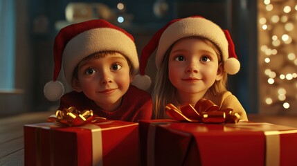 Cute little children in Santa hats with Christmas gift boxes at home