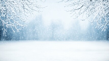 Wall Mural - snowy pine branches with blurred winter forest in the background under a bright blue sky.