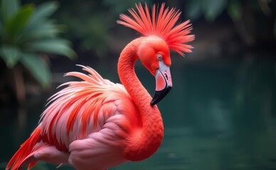 A pink flamingo with a black beak and a green background