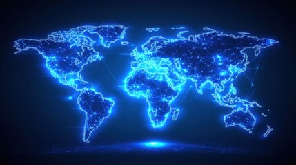 a futuristic world map with neon lines representing the global trade network, glowing across all con