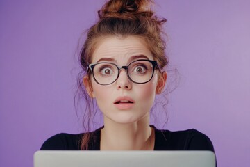 Poster - A woman wearing glasses sits in front of a laptop, typing away