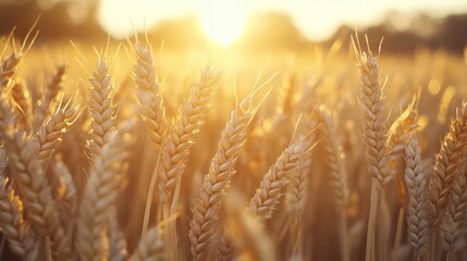 Golden wheat field illuminated by a warm sunset, showcasing the beauty of agriculture and nature's bounty.