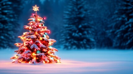Wall Mural - christmas, background, ornament, tree, snow, winter, holiday, festive, decoration, lights, illuminated, cold, season, outdoors, nature, white, small, cozy, glowing, peaceful, magical, new, year, 2025,
