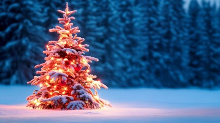 Wall Mural - A small tree glowing in snowy night