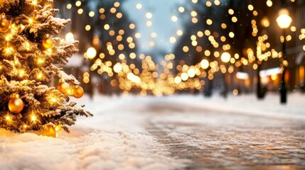 Wall Mural - a christmas tree stands in a snowy street.