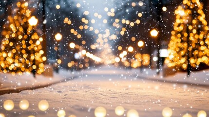 Wall Mural - snowy road with glowing lights in the distance