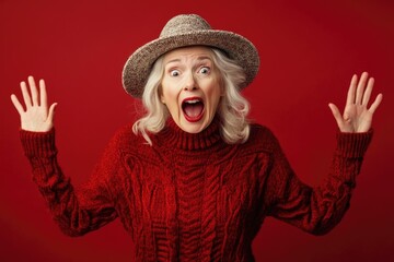 A woman wearing a bright red sweater and hat makes a playful expression