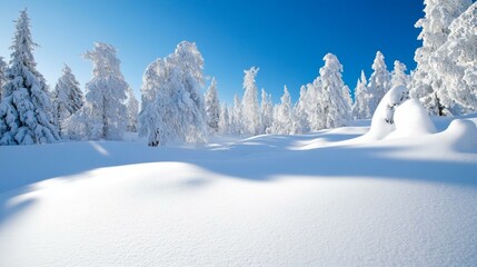 Wall Mural - Minimalist snowy pine trees in a winter landscape under a clear blue sky.