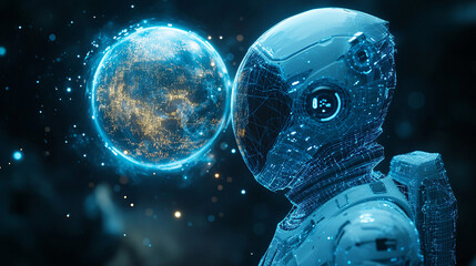 futuristic astronaut gazing at digital earth in space 3d render