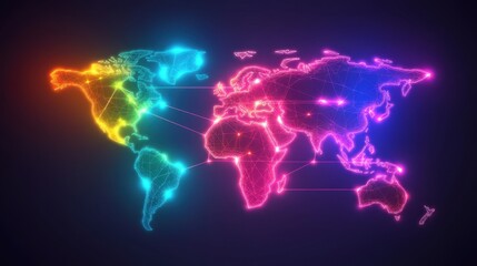 Wall Mural - a realistic world map with neon lines connecting major cities, showing the flow of international tra