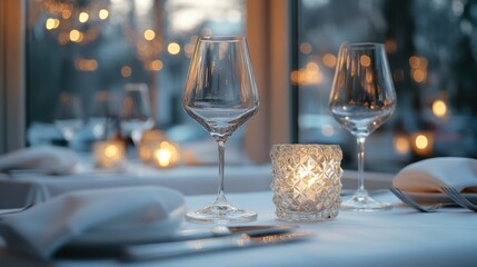 An elegant dining table set with crystal glasses and a glowing candle, capturing the charm of a cozy evening gathering