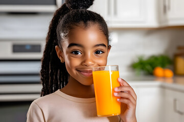 Young African girl wearing a beige shirt, enjoying a glass of orange juice in a sunlit kitchen, feeling refreshed.