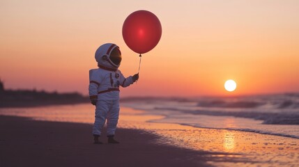 Wall Mural - astronaut holding a red balloon in space