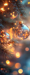 Sparkling Christmas ornaments hanging on a tree branch with warm string lights.