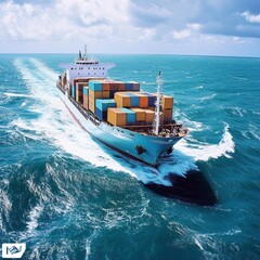 Large Container Ship Sailing Across Blue Ocean, Global Logistics, Transportation, Maritime Shipping