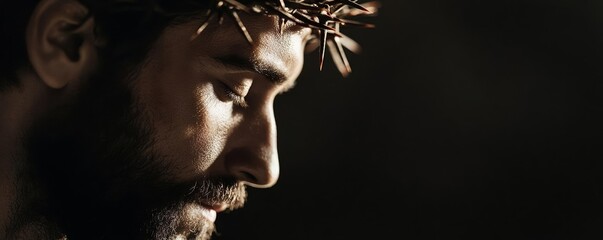 Jesus  profile wearing thorny crown, eyes closed, illuminated by soft light, showcasing themes of faith, suffering, and hope