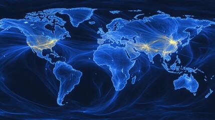 Wall Mural - a world map with glowing lines illustrating the trade routes connecting global economies, crossing o
