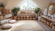 © Oleksandr - A serene attic retreat filled with natural textures and greenery for peaceful relaxation and mindfulness
