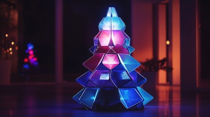 Fototapete - A unique geometric Christmas tree made of vibrant, translucent shapes glows with colorful lights.