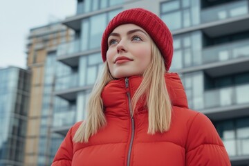 A woman dressed in a red jacket and matching hat, outdoors