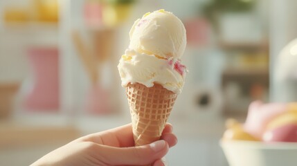 Putting ice cream to cone, summer concept