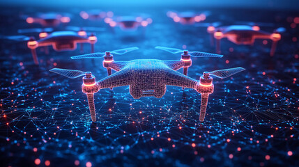 abstract drone network futuristic technology blue and red lights