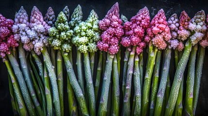 An Elaborate Arrangement of Frozen Asparagus Highlighted by Vibrant Colors and Frosty Visuals