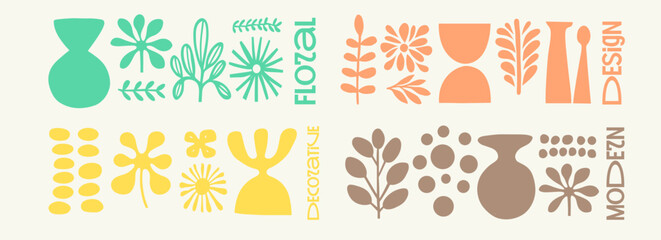 Wall Mural - floral abstract minimalist design featuring colorful geometric shapes, vases, and plants in a harmon