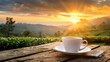 © afnanbdr - A cup of tea on a wooden table with a tea plantation in the background at sunrise.