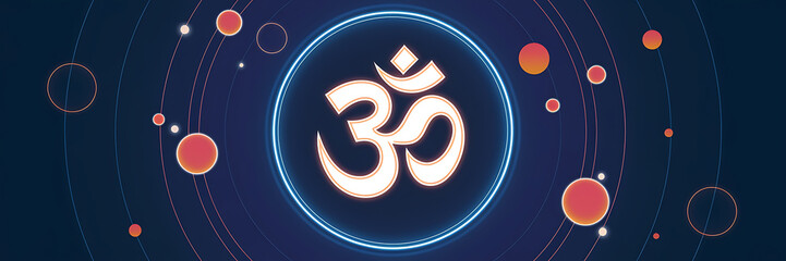 White Om symbol in a glowing blue circle with red and orange planets on a dark blue background  a spiritual and modern design for meditation and yoga   