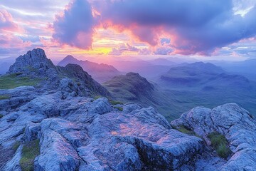 Wall Mural - A stunning sunset over rugged mountains, showcasing vibrant colors and dramatic landscapes.