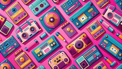 A colorful array of vintage audio and video equipment arranged in a seamless pattern on a vibrant pink background.