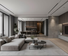 Aesthetic elegant minimalist modern interior design. Clear mock up empty wall for decoration in the apartment. Copy space in the room. Neutral palette of natural colors.