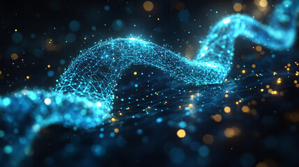 abstract blue and gold network with bokeh lights 3d render