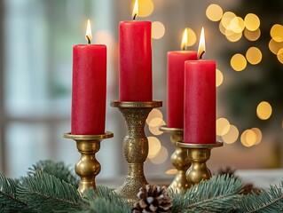 A festive display featuring three red candles on elegant stands, surrounded by pine branches and cones, set against a beautiful bokeh background.