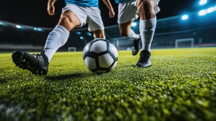 two soccer players in action, one with long white socks and the other wearing black shoes, facing each other on an empty grass field inside a stadium at night