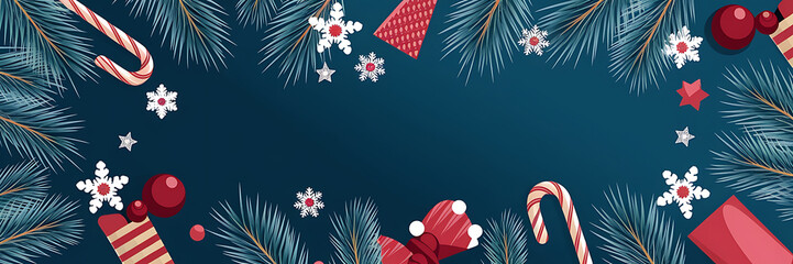 Red and white Christmas decorations on blue background  festive winter holiday design   