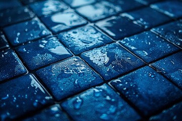 Wall Mural - Close-up of Wet Blue Tiles with Water Droplets