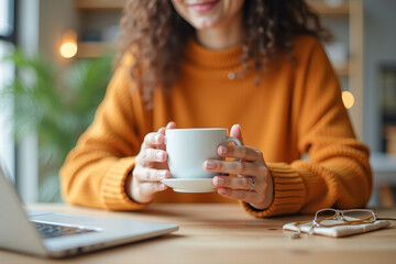 a woman drinks coffee tea at a table with a laptop close-up