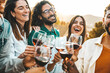 © Davide Angelini - Happy friends toast with red wine at a vineyard - Group of young people enjoying happy hour at rooftop winery bar - Gathering and beverage life style concept