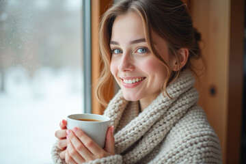 a beautiful woman is smiling, standing near the window with a mug of hot tea, drinking, warming herself in warm clothes