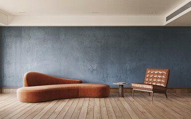 a brown leather couch is in a room with a blue wall