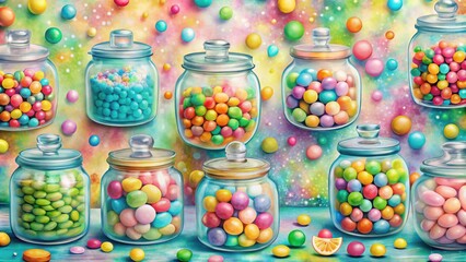 a whimsical array of glass jars filled with assorted candies, resting on a vibrant and colorful back